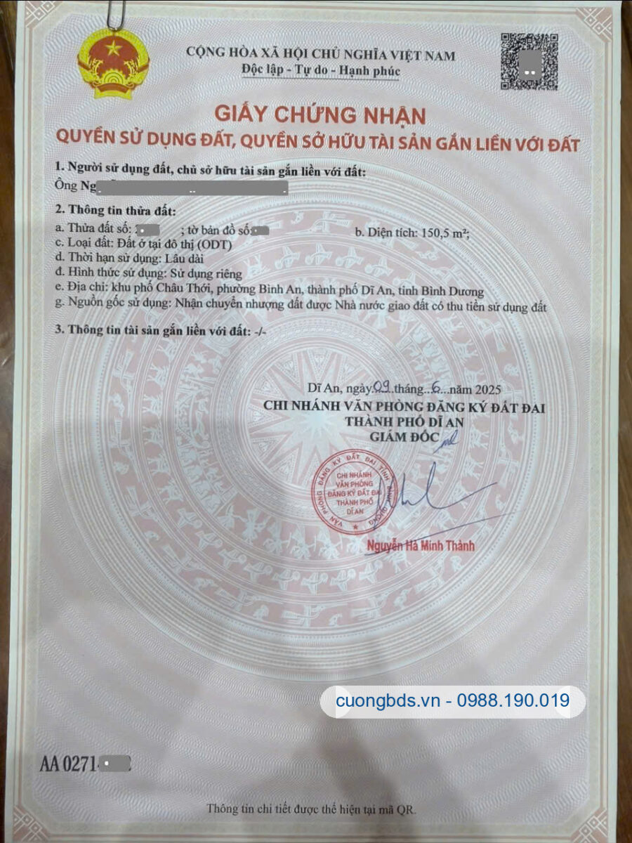 Bán đất biệt thự 7.5x20m, đường D6 KDC Châu Thới p. Bình An gần trường cấp 1